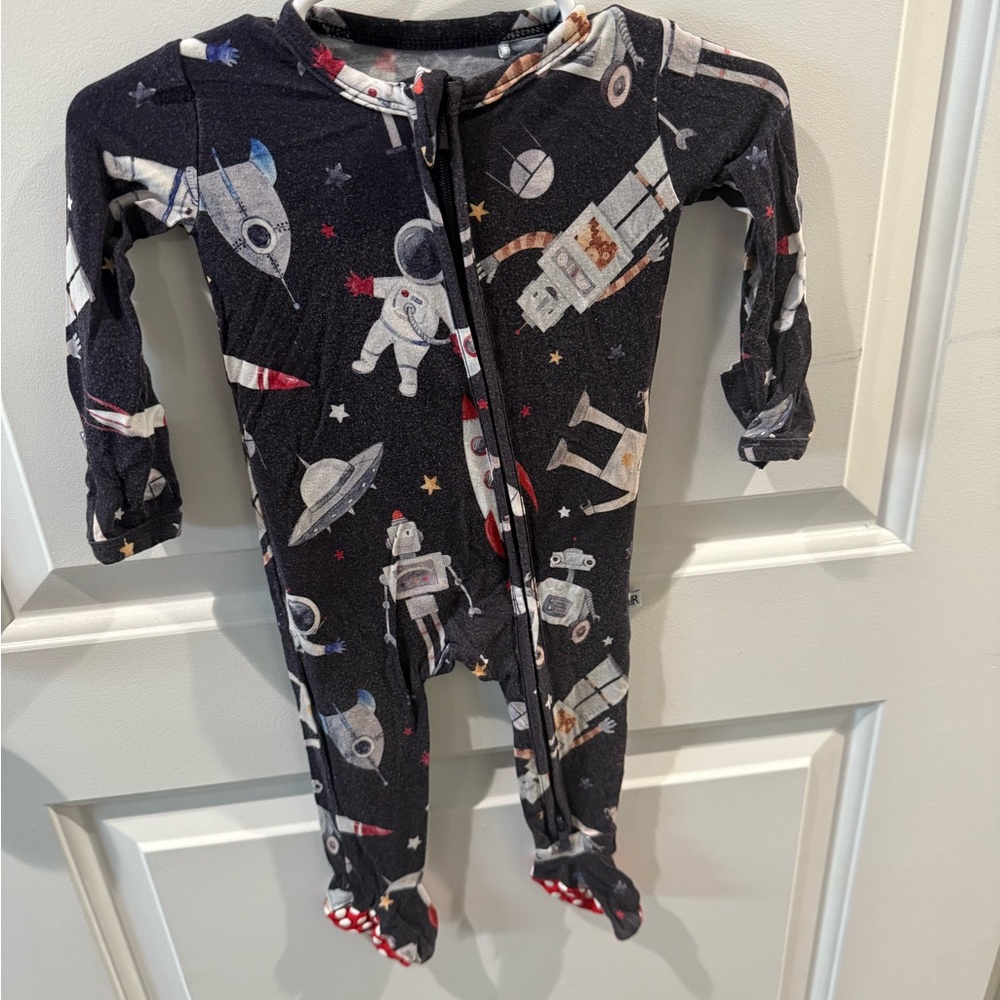 Black and Red Space-Themed Footies with Full-Body Coverage